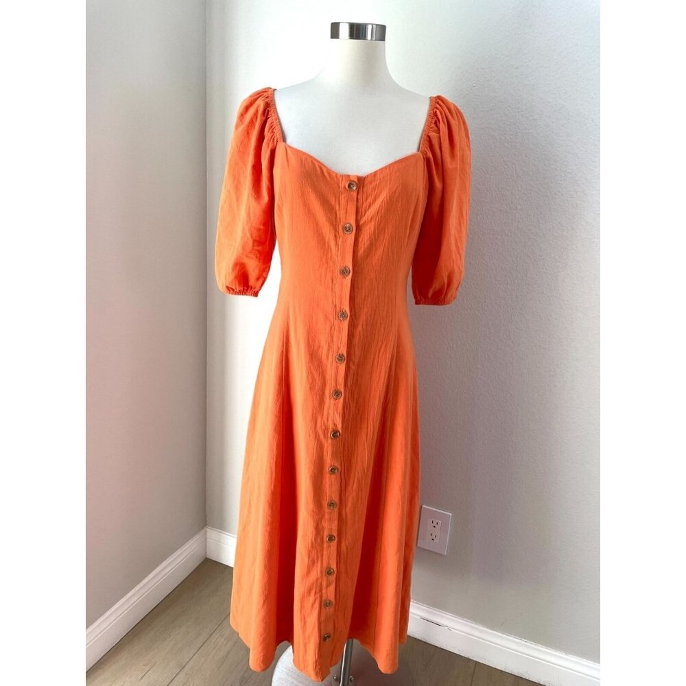 NEW $79 Urban Outfitters Womens Medium Orange Puff Sleeve Button‎ Up Midi Dress